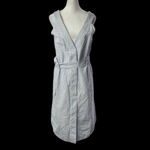 SEA NY Women Midi Sleeveless V Neck Snap Front Belted Dress Sz 2 White Blue